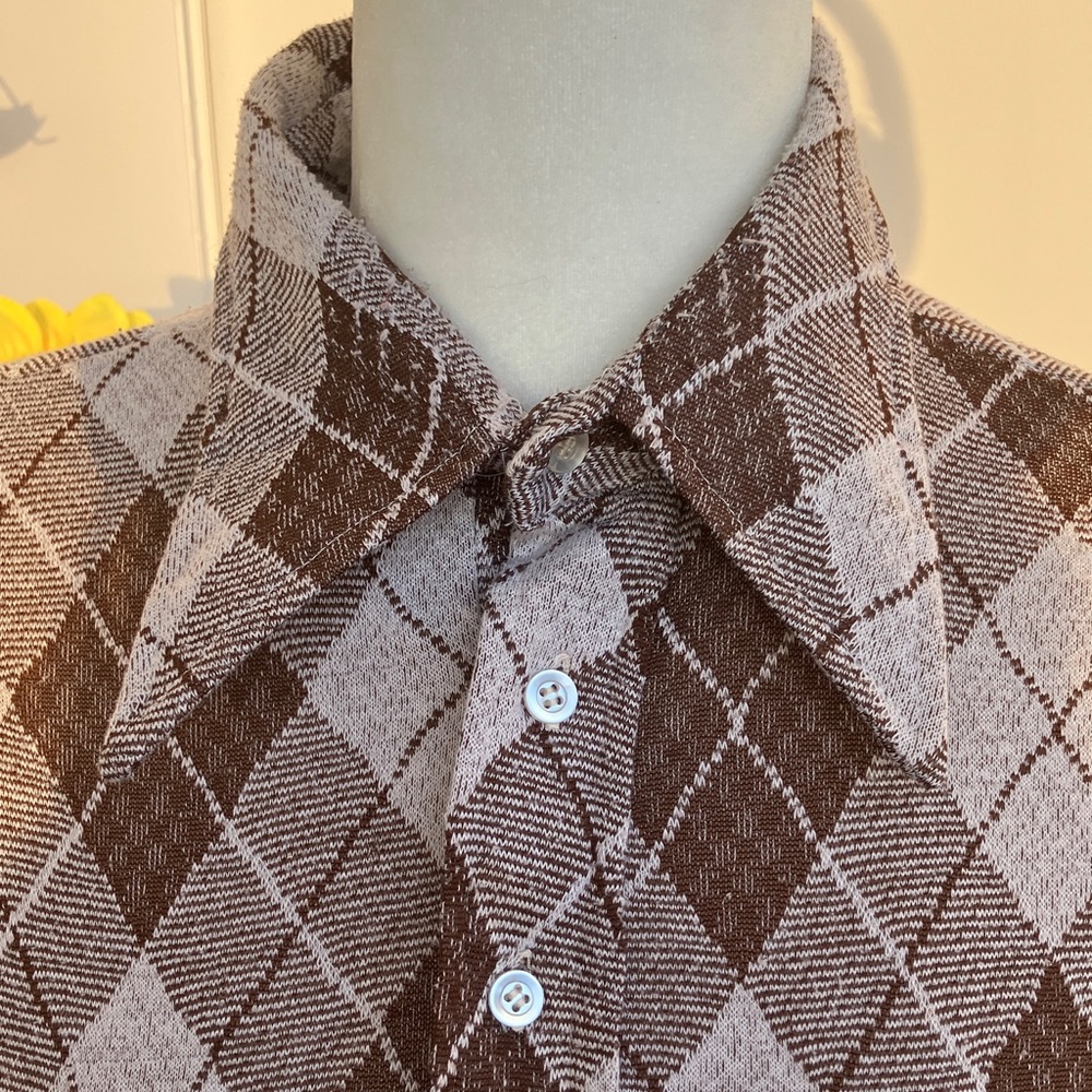 Vintage 60s 70s Preppy Brown Argyle Dagger Collar Button Down Long Sleeve Shirt - Picture 3 of 10